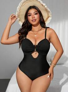 SHEIN Swim Curve Plus Size Women One-Piece V-Neck Solid Color Knit Fabric Ruched Front Metal Decor Spaghetti Strap Open Back Sexy Swimsuit - Black - View 6