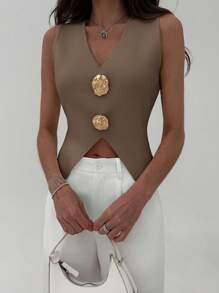 Aloruh Women's Sleeveless Summer Knit Top With Metal Floral Decor And Side Slit Hem - Camel - View 3