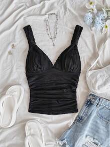 Soleia Lässig romantischer Urlaubsstil einfarbiger Twist Plissee rot Trägerhemd für Weihnachten, Valentinstag, Neujahr - Schwarz - Übersicht 2