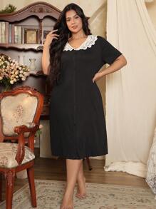 Plus Size Women Lace Patchwork Lapel Loose Short Sleeve Nightgown - Black - View 3