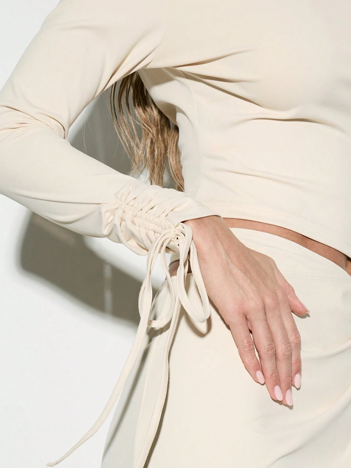 KIZN Elegant Long Sleeve Off-Shoulder Crop Top With Tie Sleeve Detail