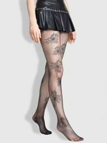 ROMWE Goth 时尚性感蜘蛛网透明连裤袜，万圣节 - 黑色 - 查看 4