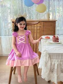 Dozemod Young Girl Girls Cute Minimalist Square Collar Cross Ribbon Decor Contrast Color Stitching Knit Nightgown, Princess Style, Wedding Flower Girl Graduation Dress - Purple - View 1