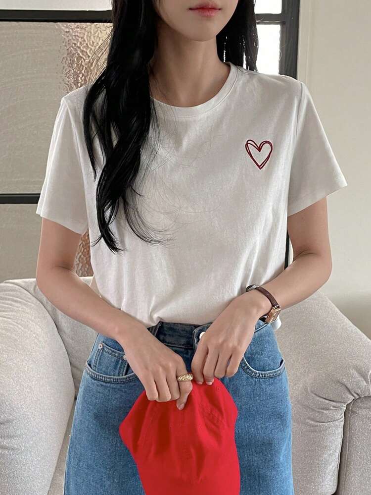Women's Heart Print Short Sleeve T-Shirt Valentine's Day