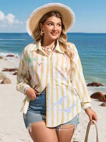 SHEIN VCAY Plus Size Resort Island Casual Yellow & White Striped Print Pocket Front Loose Shirt,Autumn Holiday Beach Summer Women Boho Vacation Hippie Western - Yellow - View 6