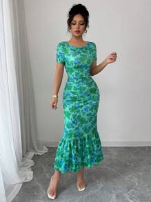 Elenzga French Elegant Flower Print Ruffle Hem Midi Dress, Short Sleeve - Green - View 4