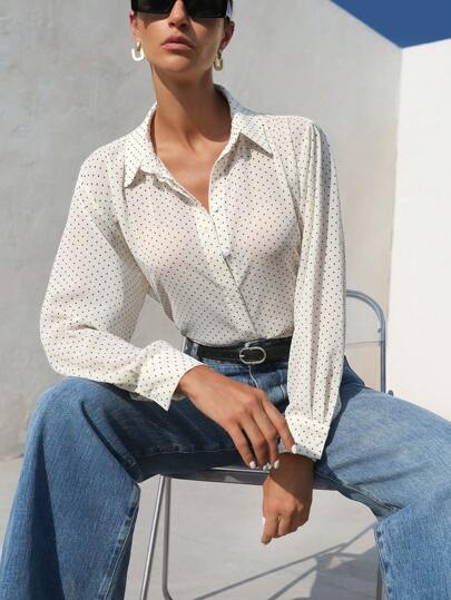 Aveloria Modichic All-Match Versatile Black & White Polka Dot Chiffon Sheer Collar Long Sleeve Blouse For Women, Spring & Summer Fall Cloth For Women