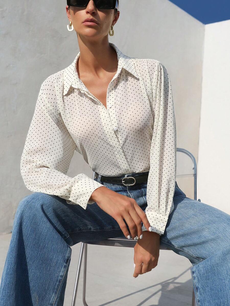 Aveloria Modichic 百搭百搭黑白波点雪纺透明领长袖女式衬衫，春夏季