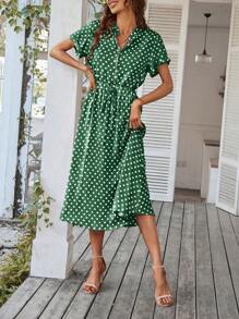 Breezaya Polka Dot Drawstring Button Front Dress Maxi Vacation Beach Outfits Women - Army Green - View 4