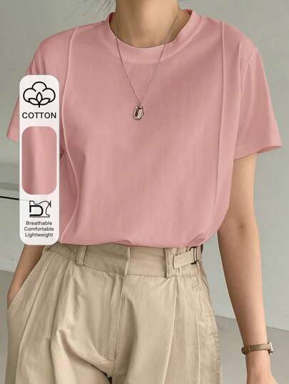 Dazy-Less Solid Seam Detail Tee Old Money Style Business Casual Woman Work Clothes