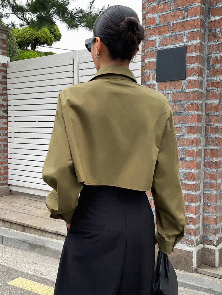 Solid Button Front Crop Shirt,Long Sleeve Tops,Fall Women Clothes