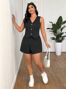 SHEIN EZwear 1 pieza Conjunto de chaleco negro de cuello en V de talla grande y 1 pieza Conjunto de pantalones cortos con cintura elástica, para graduación, regreso a la escuela, atuendos de maestras en otoño/invierno - Negro - Ver 9
