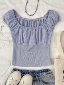 SHEIN Teen Girl Plaid Round Neck Loose Casual Short Sleeve Blouse