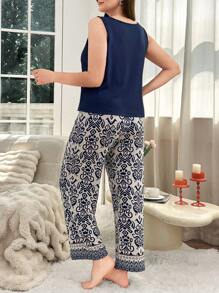 Set de 2 piezas para mujer de talla grande con top de tirantes de unicolor de cuello en V y pantalones de pijama con estampado geométrico