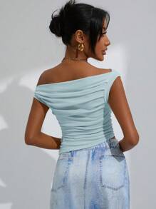 EMERY ROSE Top corto con cuello asimétrico y fruncido en los lados - Celeste - Ver 2