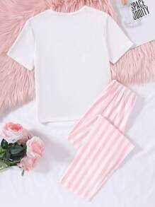 Tween Girl White Top + Pink Strawberry Bow Print Casual Short Sleeve Top & Pink Stripe Loose Knit 2 Pieces Pajama Set, Sleepwear - Multicolor - View 2