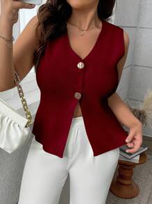 Calvaya Plus Size Elegant Casual White Cardigan Sweater, Featuring A Simple And Pure White Design, Suitable For Spring/Summer Wear. Adorned With Two Large Buttons, The Details Add A Fashionable Touch To The Overall Style. Appropriate For Graduation, Festival, Mother's Day, Halloween, New Year, Valentine's Day, Thanksgiving, Christmas, Easter, National Day, Prom, New Year's Eve - Burgundy - View 6