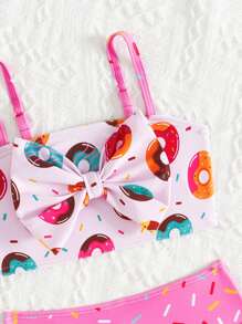 3 件装女婴可爱甜甜圈印花蝴蝶结比基尼套装（带头带）、泳衣