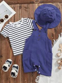 Baby Jungen Blau & Weiß gestreift Lässig Urlaubs Kurzarm Rundhals Top mit marineblauer Baumwoll-Hosenträgershorts mit Seitentasche, inklusive Sonnenhut. Geeignet für Lässig, Urlaub, Zuhause und Outdoor