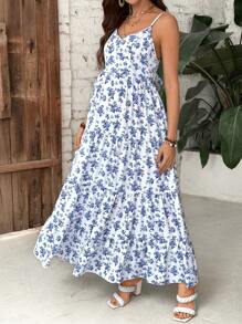 SHEIN Maternity Floral Print Multi-Layered Ruffle Hem Spaghetti Strap Vacation Dress - Blue and White - View 5
