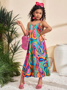 SHEIN Leap Crew Tween Girl Geometric Pattern Woven Sleeveless Dress, Suitable For Vacation And Casual Wear In Spring/Summer - Coral Orange - View 5