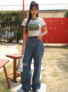 DAZY Scenery & Slogan Graphic Contrast Trim Tee, SUNSET GLOW VACATION EVERY MOMENT INSPIRE YOU ORIGINAL PLAYGROUND INTERNATIONAL,Crop Tops Women - Light Grey - View 5