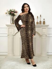 Modelyn Plus Size Fashionable Leopard Print Asymmetric Neck Flare Sleeve Dress - Multicolor - View 4