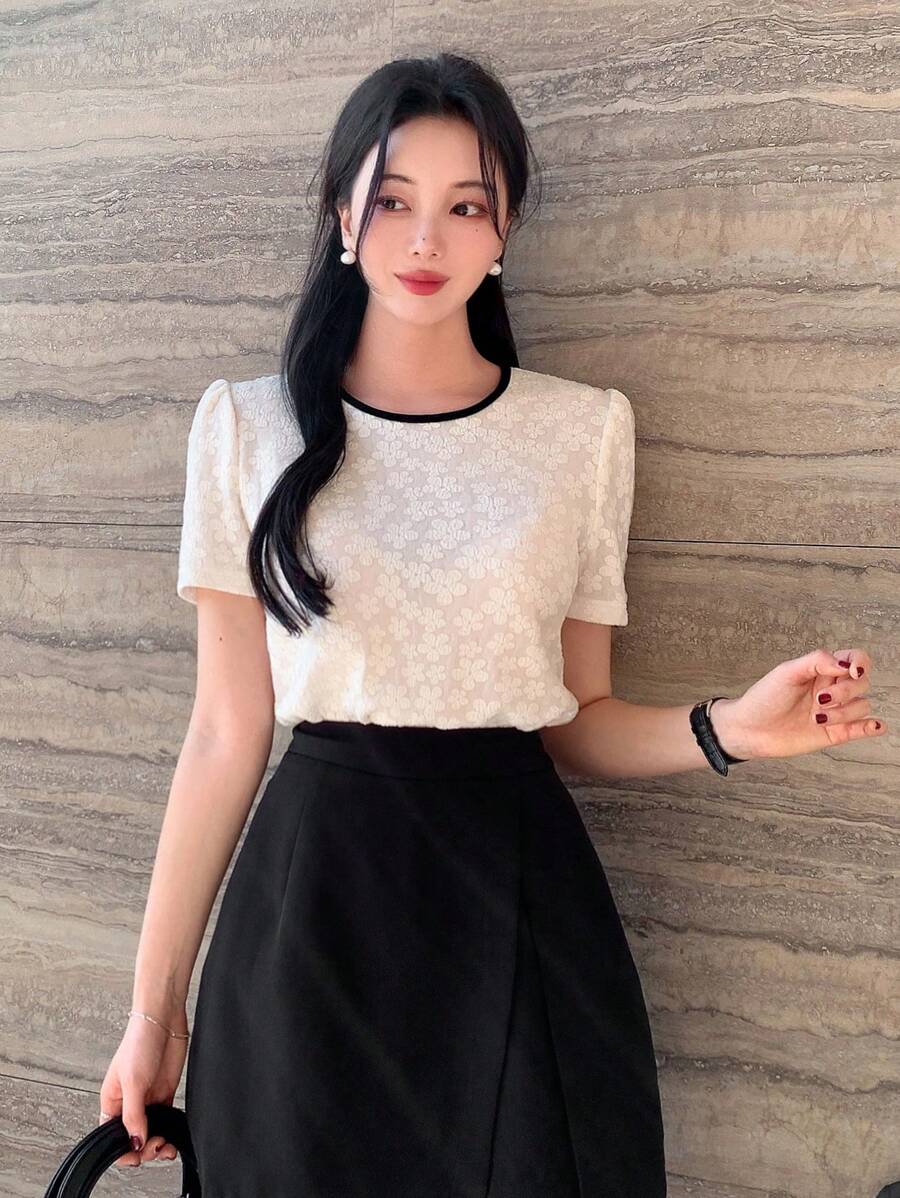 DAZY 拼色宽松短袖圆领系带女式衬衫，夏季短袖上衣，短款上衣，女式学院风上衣 - 白色 - 查看 1