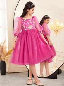 Tween Girls Floral Embroidery Spliced Mesh Short Sleeve Elegant Dress - Hot Pink - View 5