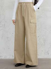 DAZY Loose Cargo Style Casual Straight Leg Women Pants With Big Pockets - Khaki - View 1