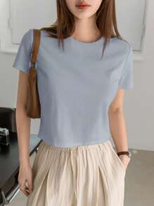 Dazy-Less 女士夏季纯色圆领短袖T恤老款商务休闲女士工作服 - 淺藍色 - 查看 6