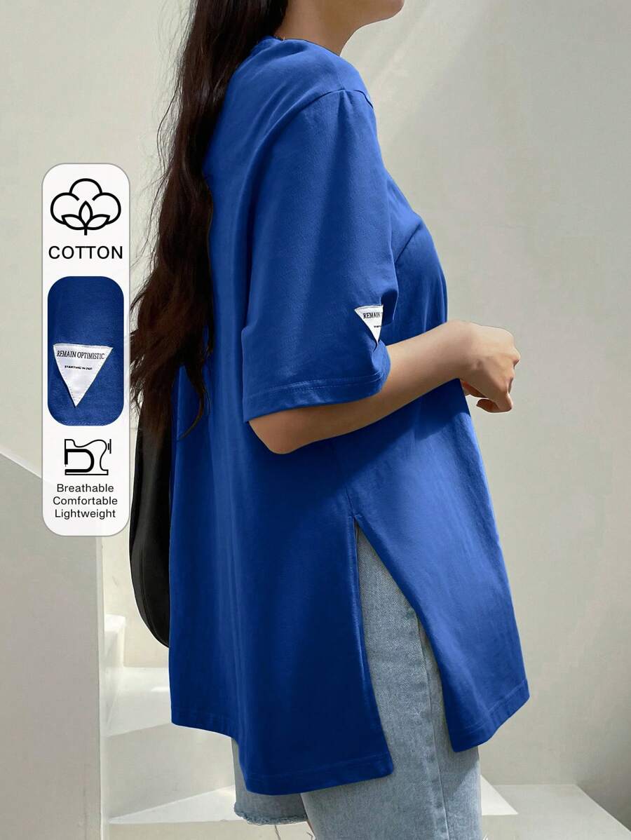 Dazy-Less 字母补丁细节开衩下摆落肩T恤复古风格商务休闲女士工作服