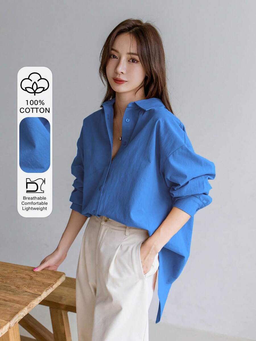 Dazy-Less 1 件女士商务休闲宽松长袖纯色衬衫，秋季女装 - 寶藍色 - 查看 1