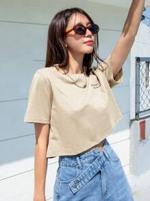 DAZY Slogan Graphic Round Neck Tee DO WHAT YOU WANT Summer,Crop Tops Women - Beige - View 3