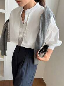 Dazy-Less Solid Button Front Drop Shoulder Shirt Old Money Style Business Casual Women Long Sleeve Top - White - View 8