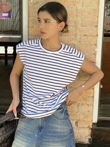 Livesso Camiseta De Cuello Redondo A Rayas Con Hombreras Para Ocasiones Casuales De Verano - Blanco y Negro - Ver 8