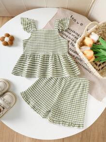 SHEIN Vintaside Kids Baby Girl Spring/Summer 2pcs Outfit - Green Lively Cute Style Woven Fabric Cami Top With Button Detail, Elastic Waist Loose Shorts, Suitable For Outings, Travel
