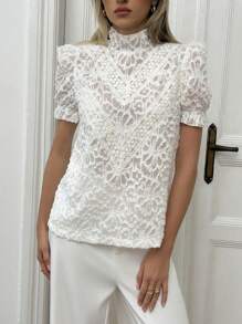Aloruh Short Sleeve Cutout Collar Ladies White Blouse, Suitable For Weddings