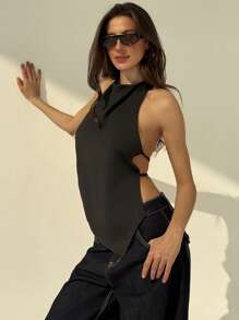 Aloruh Parte superior con escote halter sin espalda de unicolor para mujer
