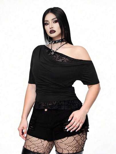Whyspr Casual Punk Plus Size Women's Asymmetric Shoulder Ruffle Collar Short Sleeve T-Shirt, Flocked Patchwork Portrait Pattern, Uneven Hem, Cinched Waist, Dark Punk Style, Black