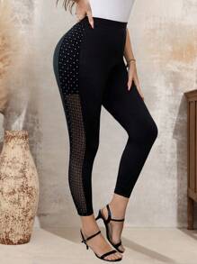 SHEIN Clasi Plus Size Solid Color Polka Dot Mesh Fashion Side Mesh Inset Fashion Sheer Sequin Summer Black Leggings For Women,Casual Daily Wear,Black Leggings,Beach Outfits For Woman,High Stretch Slim-Fit Leggings,All Seasons,Suitable For Commuting, Daily Life, Leisure, And Sports,Women Bottom,Street Wear,Curve Pants,Basics Pants - Black - View 3