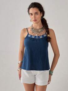 Florisole Casual Vacation Cute Spaghetti Strap Front V-Neck Embroidery Decor Women Camisole - Multicolor - View 4