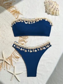 SHEIN Women's Hollow Out Back Criss-Cross Strap Seashell & Ruched Bikini Set - Blue - View 5