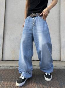 Manfinity Hypemode Men's Zipper Pocket Wide Leg Jeans - Light Wash - View 1