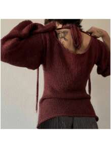 INAWLY 女式喇叭袖露背毛衣，领口系带 - 酒紅色 - 查看 4