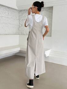 DAZY Solid Slant Pocket Pinafore Dress Without Tee - Light Grey - View 2