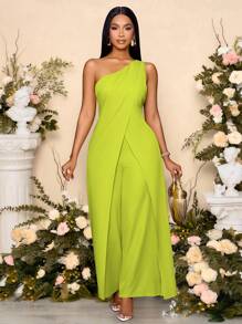 SOLERSUN 女士春夏时尚日常单肩无袖开衩阔腿连体裤 - 綠色 - 查看 7