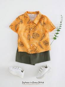 Cozy Pixies Conjunto de 2 piezas para bebé niño con blusa de manga corta con cuello y pantalón corto de cintura elástica de unicolor - Multicolor - Ver 3