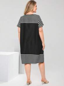 EMERY ROSE Vestido casual recto de mujer de talla grande con cuello redondo, manga corta y rayas con diseño floral, ropa elegante de mujer para usar en el verano, atuendos de vacaciones, ropa de verano, ropa modesta - Negro - Ver 2