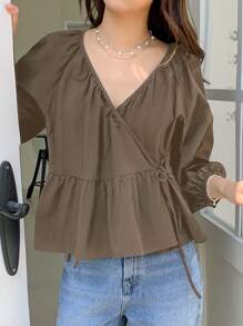 DAZY Áo sơ mi dài tay màu trơn giản dị xuân/hè, thắt lưng, bèo nhún - Cà phê nâu - Xem 6